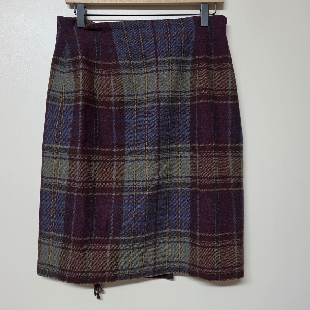 Vintage 90s Lauren Ralph Lauren 100% Plaid Lambswool Skirt Fringe Size 12 Office - Picture 4 of 8